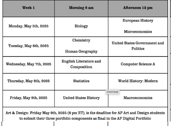 The AP testing schedule posted on Schoology by School Counselor Laura Schnitzler on Friday, April 25, to inform students of when their tests will occur.